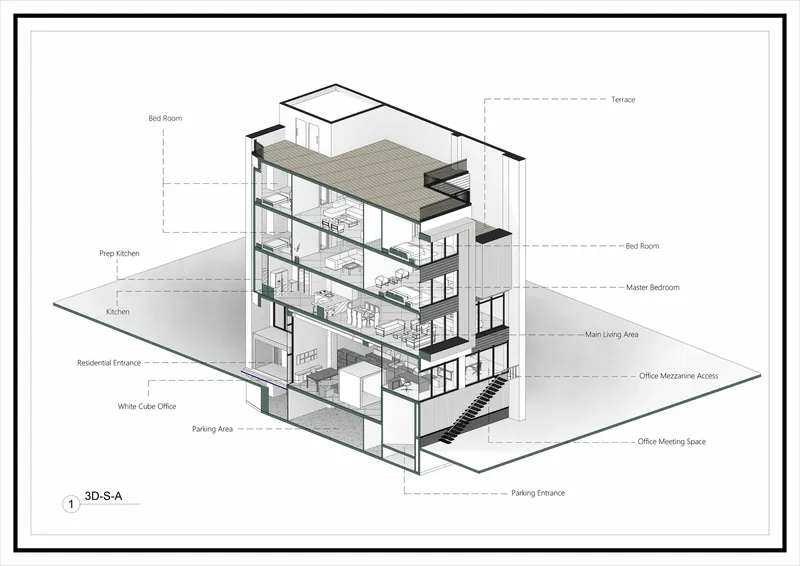 Axonometric section drawing revealing multiple floors with labeled spaces from parking area to rooftop terrace