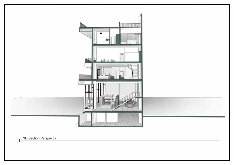 Section drawing showing vertical circulation through five levels including basement parking and roof deck
