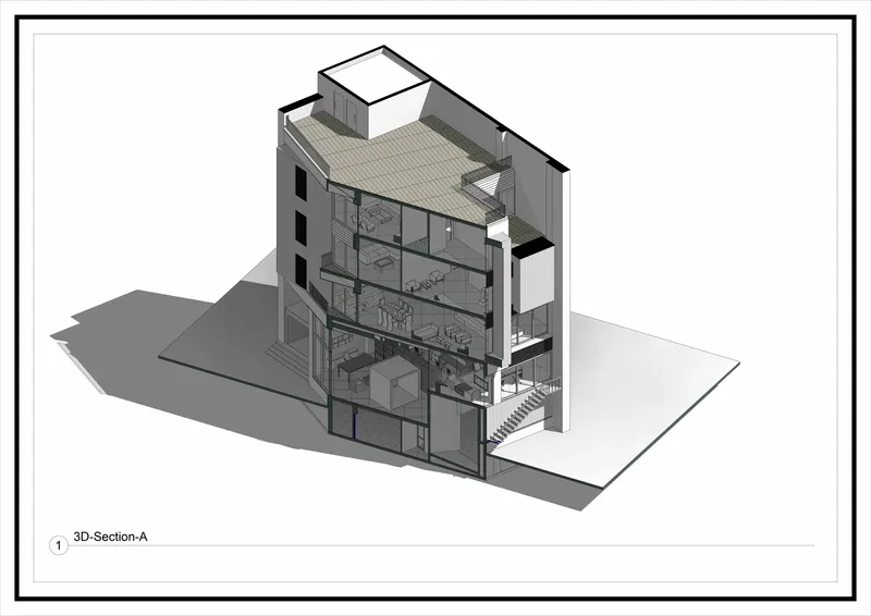 Axonometric section cutaway exposing interior floor plates and the external stair at the building edge