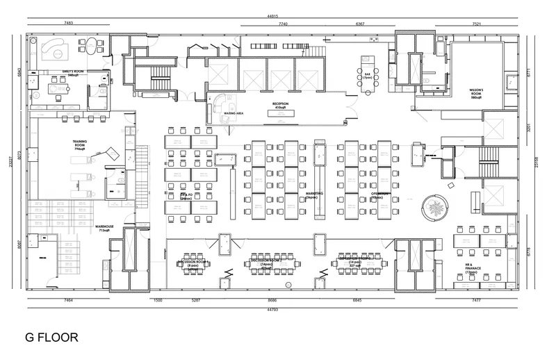 This architectural image presents a floor plan of an office space, detailing the layout of various rooms and work areas. The plan includes designated areas such