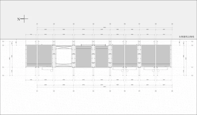 Plan drawing showing five bay structural grid with dimensions and panel infill pattern