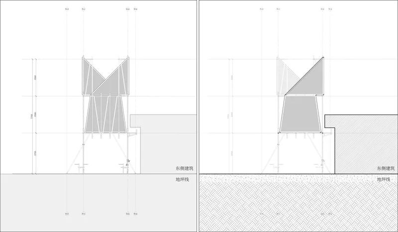 Section drawing showing angled roof structure above ground level and hatched subterranean volume
