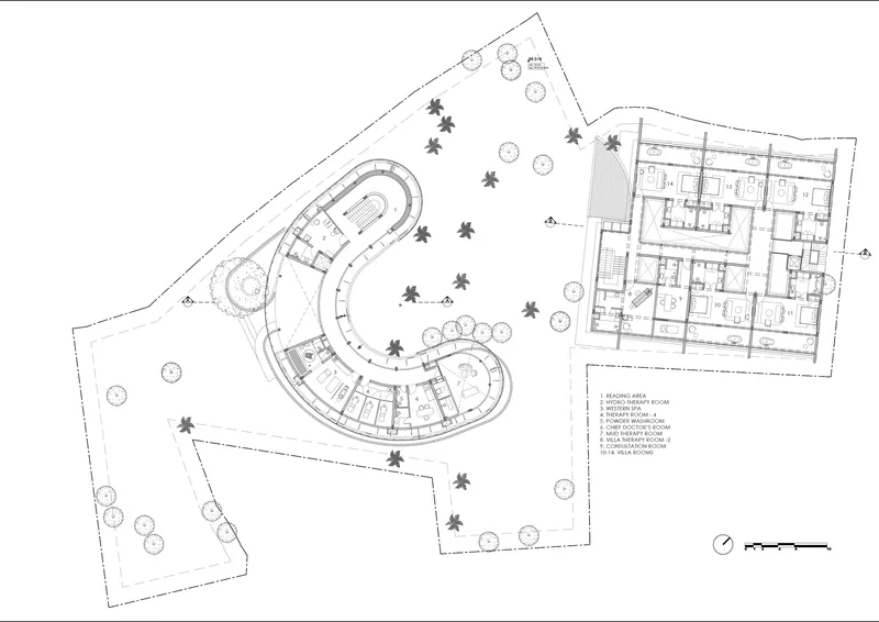 Ground floor plan showing a curved wing and rectangular building with a landscaped courtyard