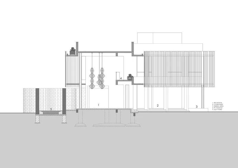 Section drawing showing three connected volumes with varying ceiling heights and interior spaces