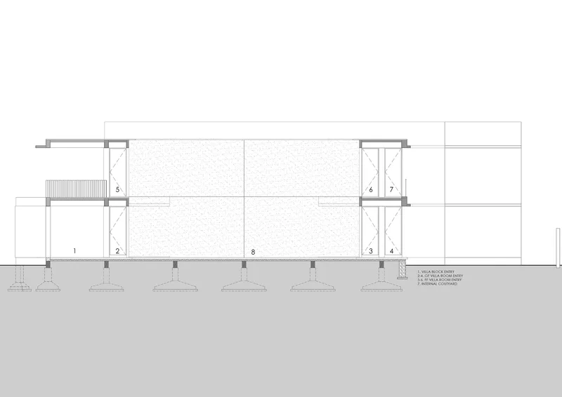 Section drawing showing column grid with insulated roof panels and stippled infill volume above structural foundation