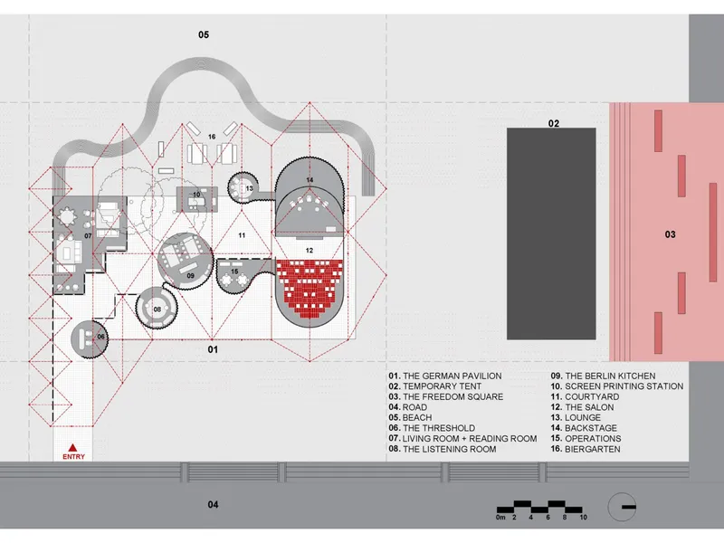 Floor plan drawing showing circular and curved volumes with a red chequered section and labeled program areas