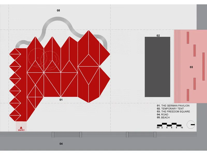 Floor plan drawing highlighting a red folded tent structure with triangular geometry over the main pavilion area