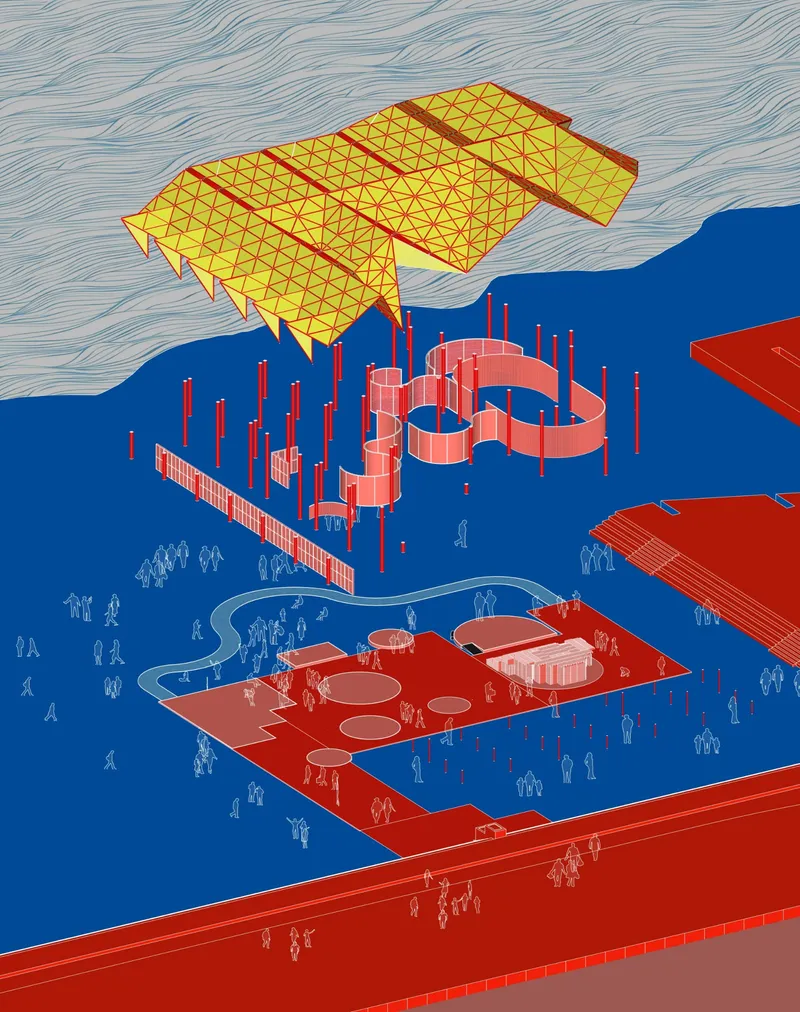 Axonometric drawing showing a yellow canopy roof, circular platforms, and gathering areas populated with figures