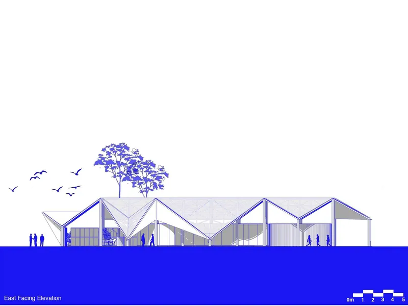 East facing elevation drawing depicting the triangulated roof profile with interior spaces and scattered trees above