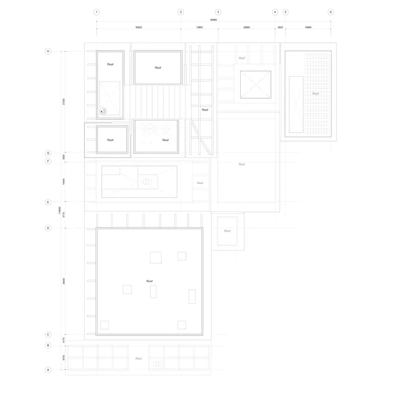 Roof plan drawing showing rectangular and square roof volumes arranged around a central open-air courtyard