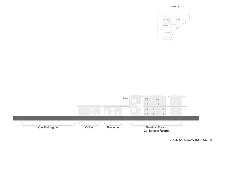 North elevation drawing showing entrance between car parking lot and seminar room wing with conference facilities