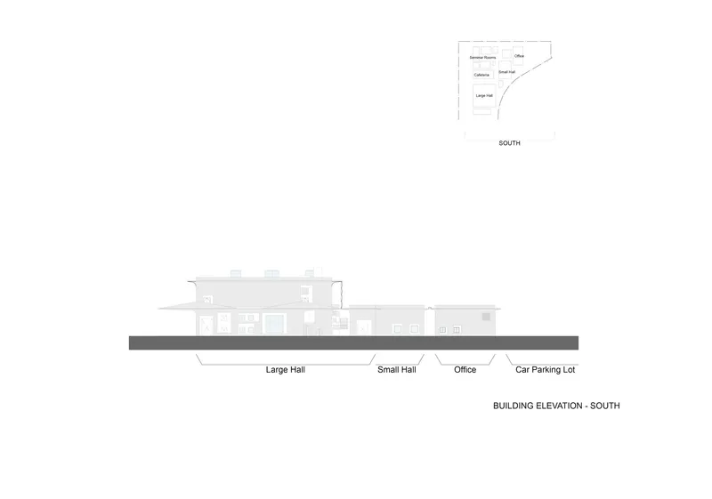 South elevation drawing showing the large hall and small hall volumes adjacent to office and parking areas