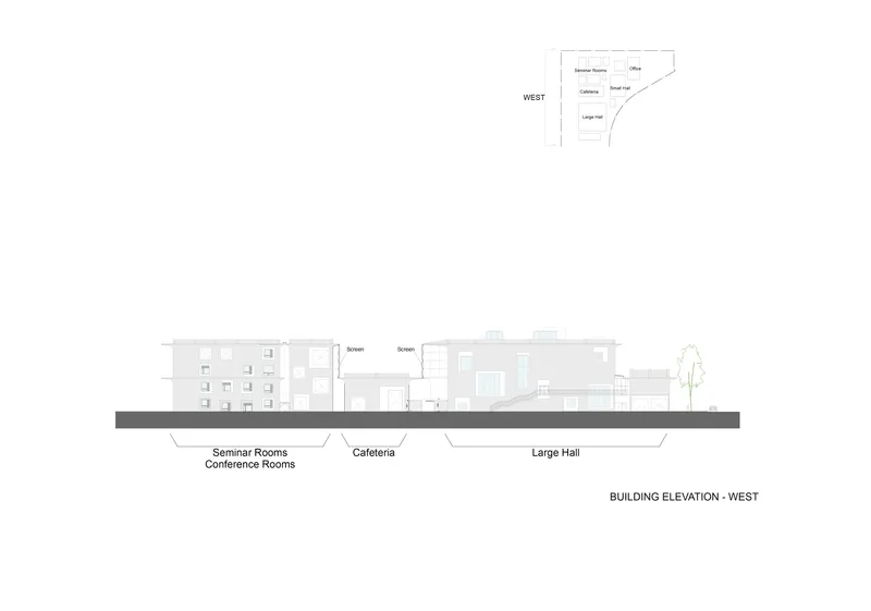 West elevation drawing showing seminar rooms, cafeteria, and large hall with inset plan diagram