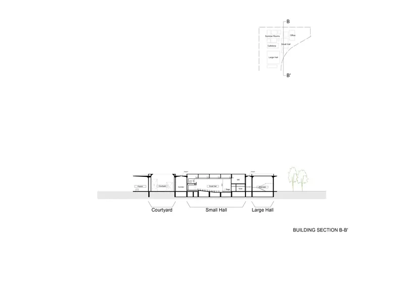 Section drawing showing courtyard between small hall and large hall with single tree in landscape