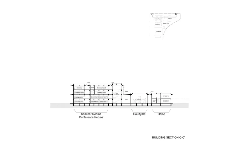 Section drawing through seminar rooms, courtyard, and office wing showing multi-story interior configuration