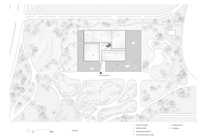 Site plan drawing depicting building volumes within organic landscape paths and tree groupings