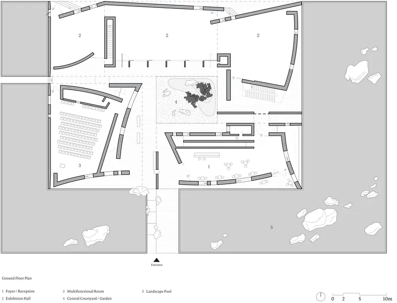 Ground floor plan drawing showing exhibition hall, multifunctional rooms, and central courtyard with landscape pool