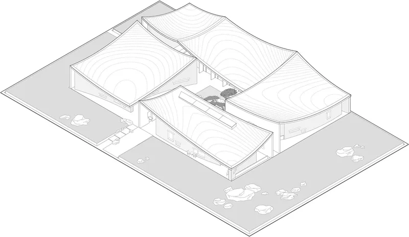 Axonometric drawing showing three interconnected pavilions with curved roof profiles and topographic contours