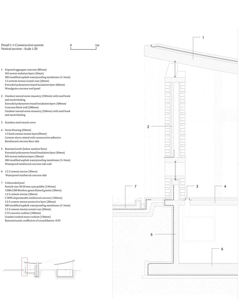 Construction detail drawing showing the roof assembly with exposed aggregate concrete and waterproofing layers