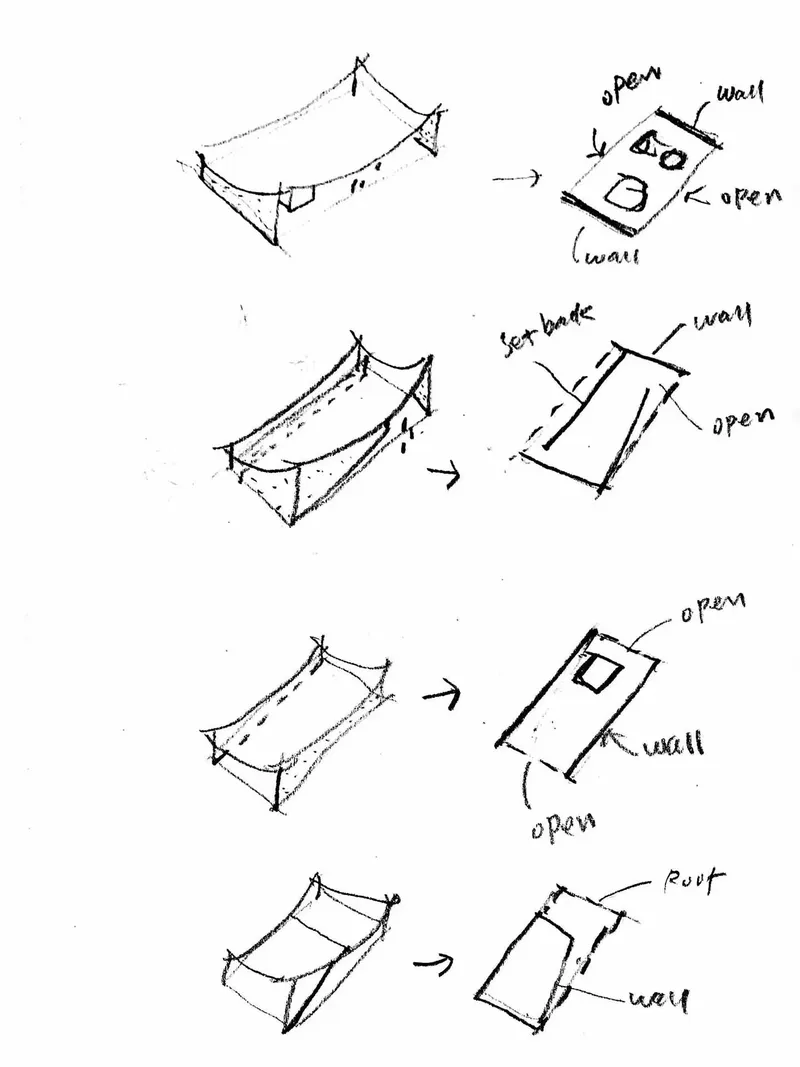 Sketch diagrams exploring possible roof and wall configurations for a tent-like pavilion structure