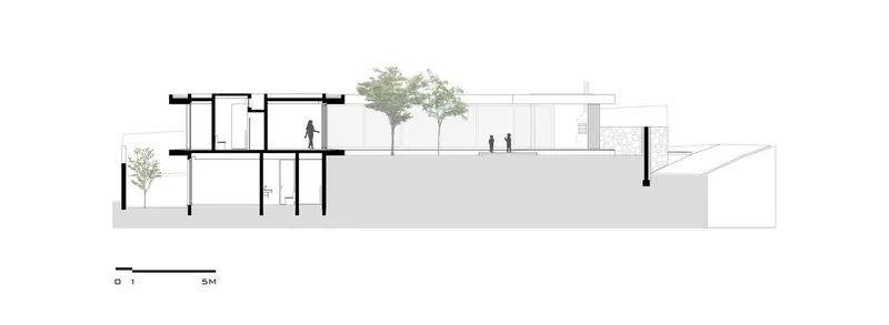 Section drawing showing two-story volume stepping down sloped site with trees and figures
