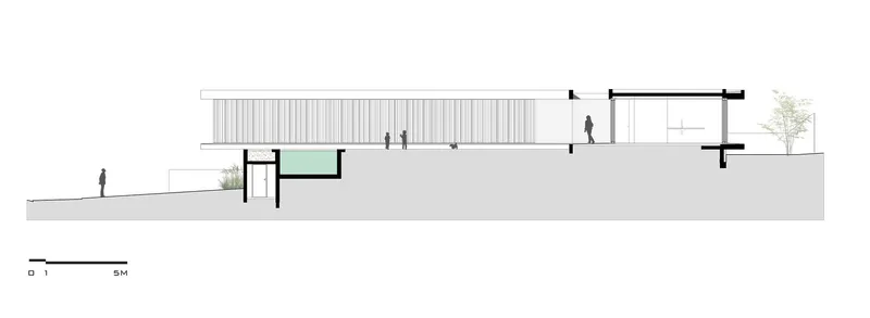 Section drawing showing slatted screen facade, pool, and ground plane with figures and tree