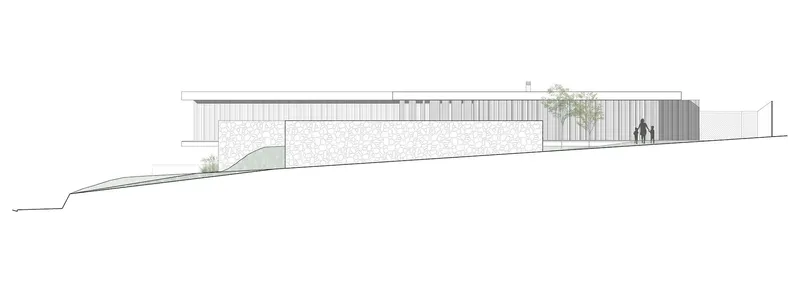 Elevation drawing showing a horizontal volume with vertical slat cladding set into a sloping site with figures and trees