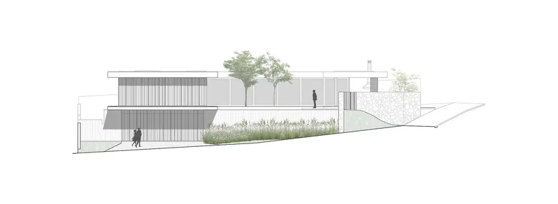 Elevation drawing depicting volumes with slatted screens and terraced garden beds along a hillside