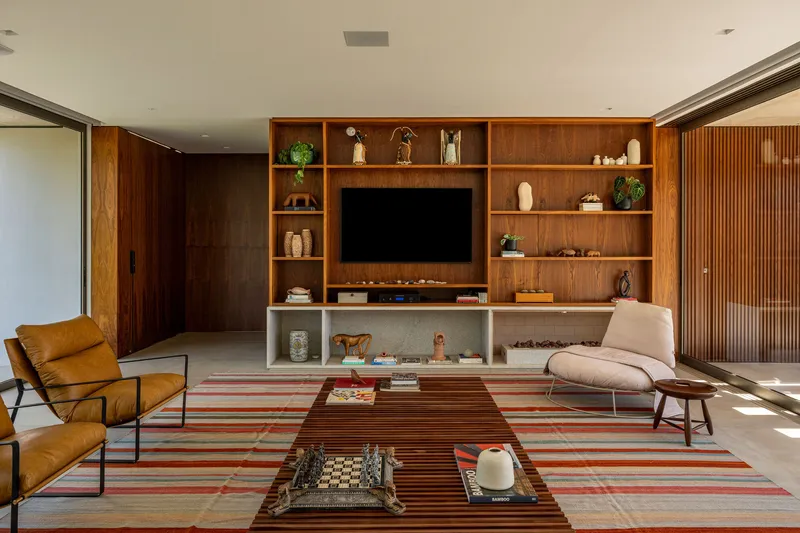 Living room with timber shelving unit around a television and a striped area rug