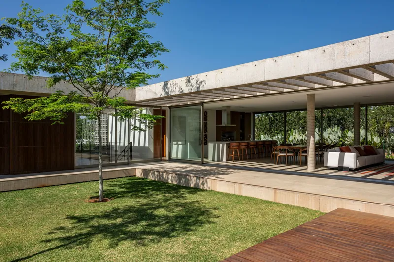 Courtyard with a young tree and concrete beam canopy connecting glass-walled interior volumes