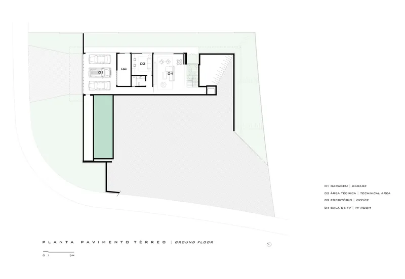 Ground floor plan drawing showing garage, technical areas, and pool along the western edge