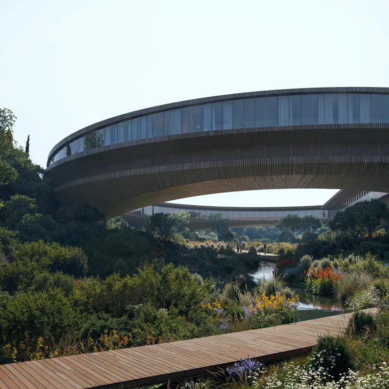 Curved pedestrian bridge with vertical timber cladding spanning a landscaped waterway below