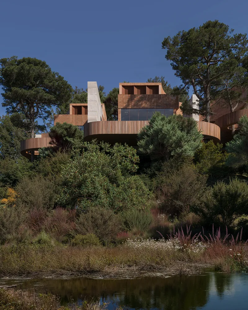 Clustered timber and masonry volumes rising from a hillside planted with coastal grasses and shrubs