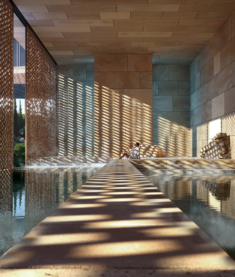 Covered walkway with perforated screens casting striped shadows across stone pavers and a reflecting pool