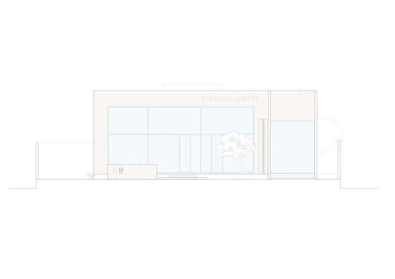 Elevation drawing depicting the glazed storefront with mullions and adjacent tree in courtyard