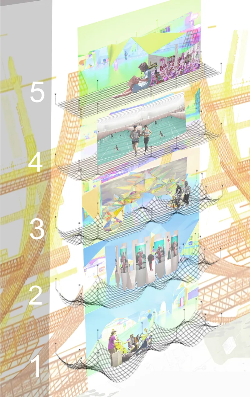 Layered performance zones create flexible spaces for art, recreation, exhibitions, and social interaction.