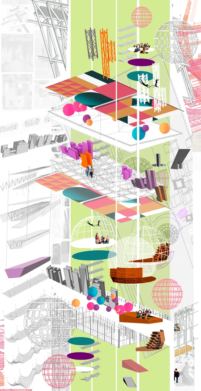 Experimental architectural drawings explore mobility, flexibility, and avant-garde public performance design.