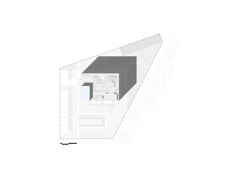 Axonometric site plan drawing showing a trapezoidal plot with central building and pool
