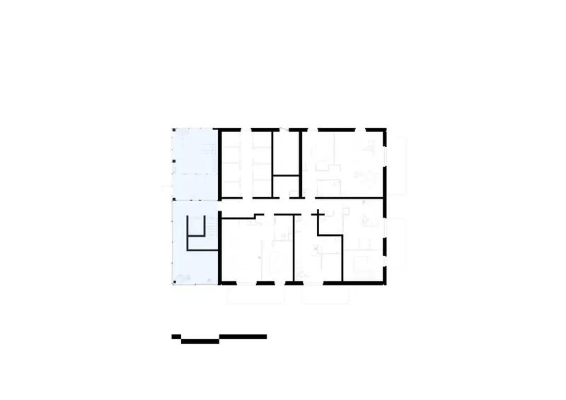 Floor plan drawing showing rectangular layout with multiple rooms and corridor arrangement