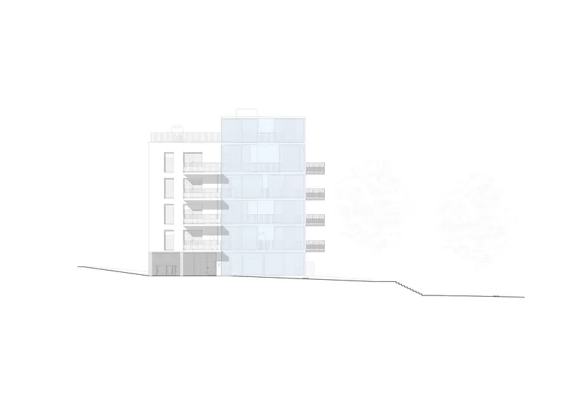 Elevation drawing showing a multi-story residential building with projecting balconies on sloping terrain