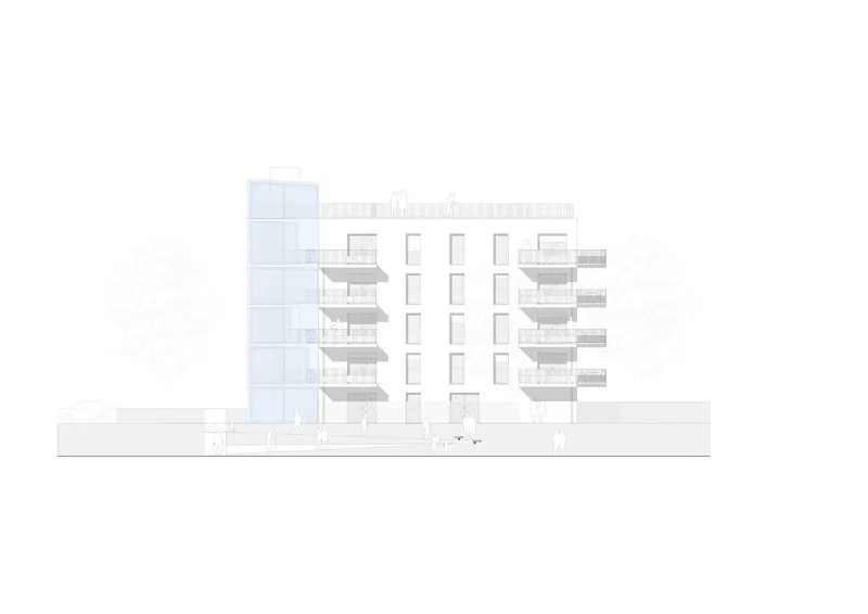 Elevation drawing depicting the facade with balconies and a taller volume to the left