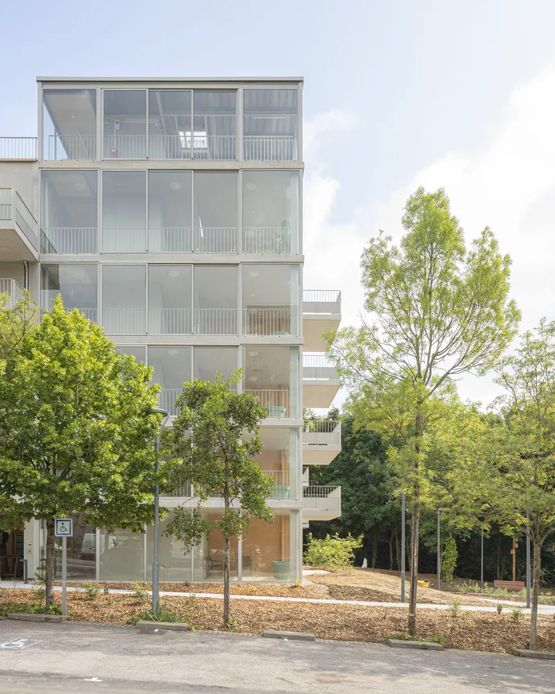 Six-storey facade with glazed balconies and white frames framed by young trees in a courtyard setting