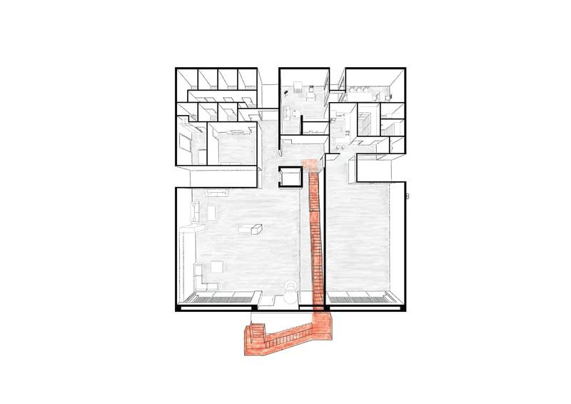 Floor plan drawing showing ground level with double-height spaces and angled red stair volume