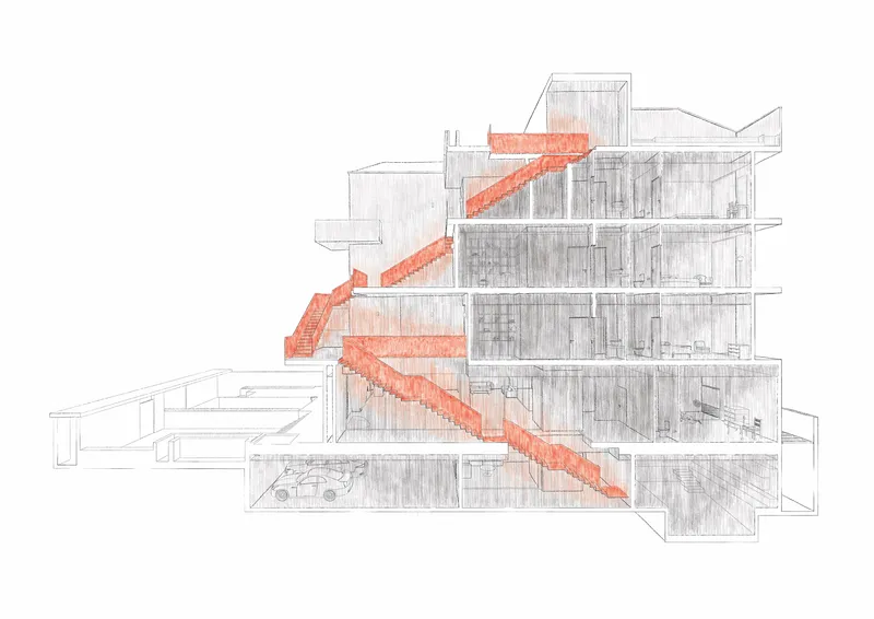 Section drawing showing the zigzagging staircase in red traversing through multiple floor levels