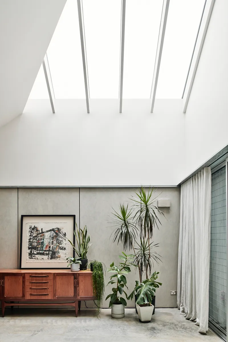 Corner detail showing concrete panel wall with potted plants beneath skylight apertures in sloped ceiling
