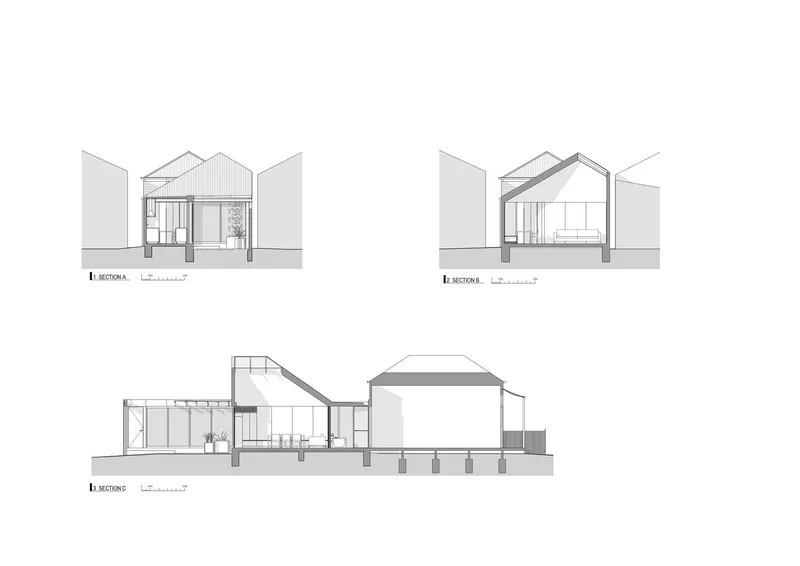 Section drawings revealing interior volumes with gabled roofs and a double-height space