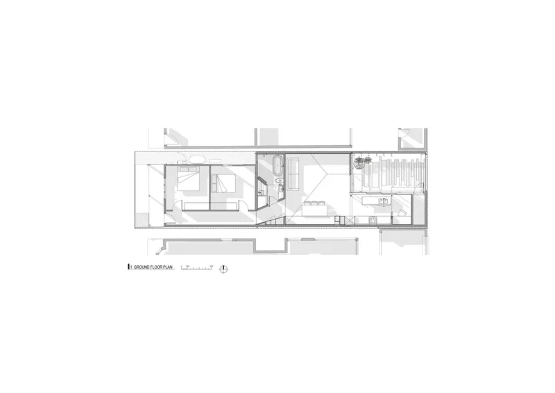 Ground floor plan showing a linear layout with bedrooms, bathroom, and deck spaces