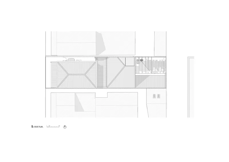 Roof plan drawing showing gabled roof volumes and an outdoor terrace with timber screening