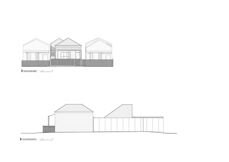 Elevation drawings showing three gabled volumes and a single-story extension with vertical cladding