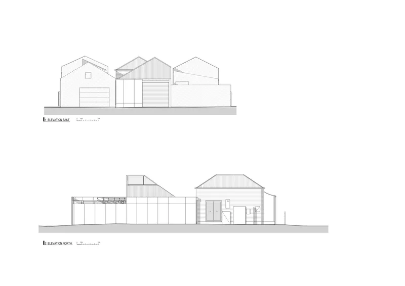 Elevation drawings depicting gabled forms and a sloped-roof addition among adjacent structures